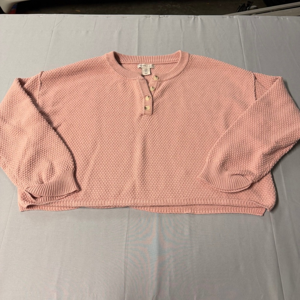Sincerely Jules Womens Pink Waffle Knit Henley Cropped Sweater Size M